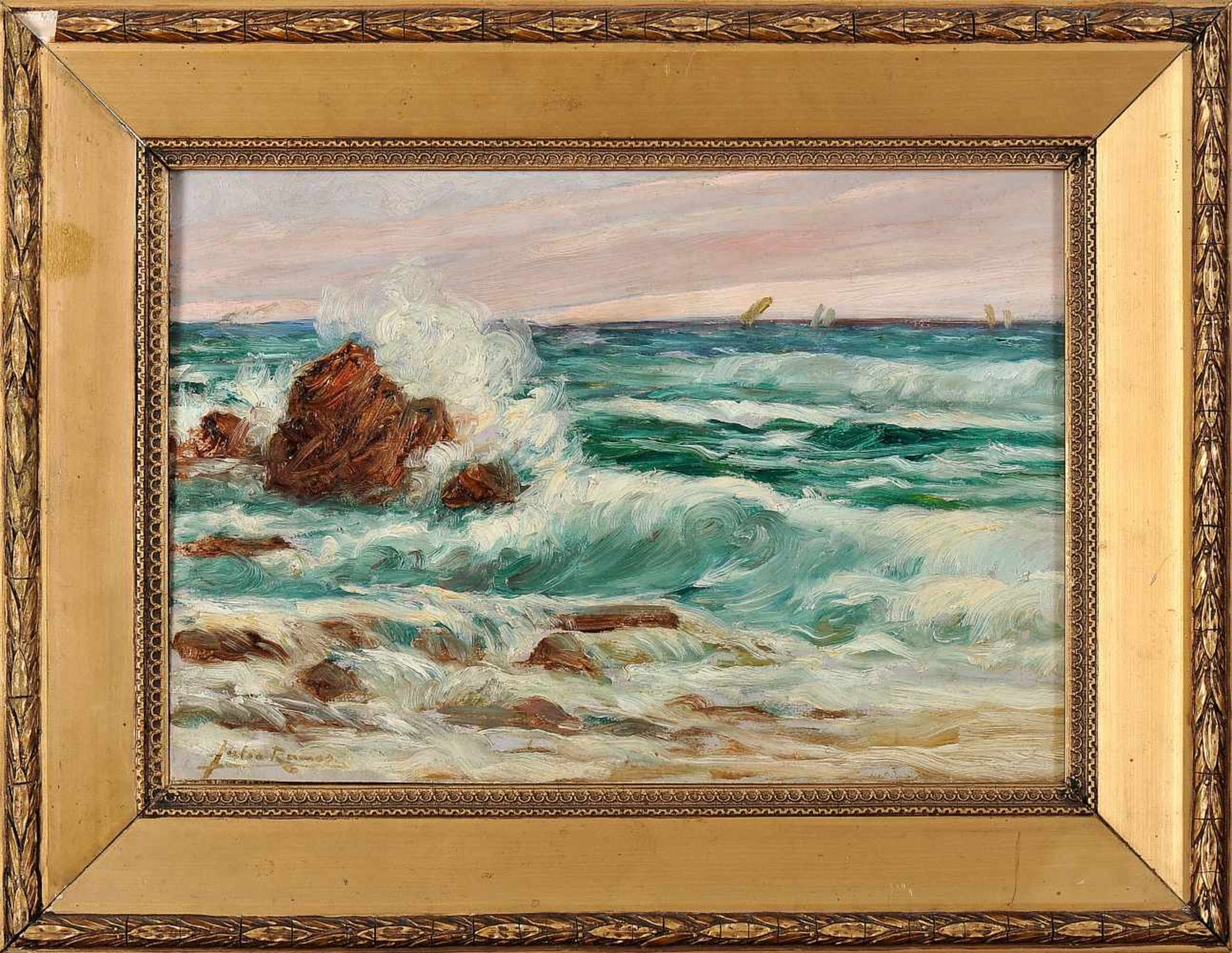 JÚLIO RAMOS - 1868-1945, "O mar na Boa Nova", oil on cardboard, signed, Dim. - 23 x 33 cm- - -20.