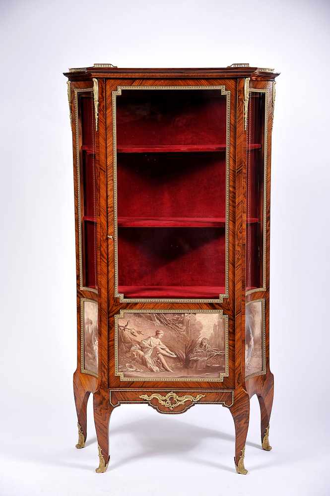 A Display Cabinet, Napoleon III, burr-Brazilian rosewood veneered oak with painted panels en