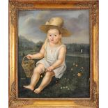 Portrait of a Child with Hat and Basket, oil on canvas, European school, 19th C., restoration, minor