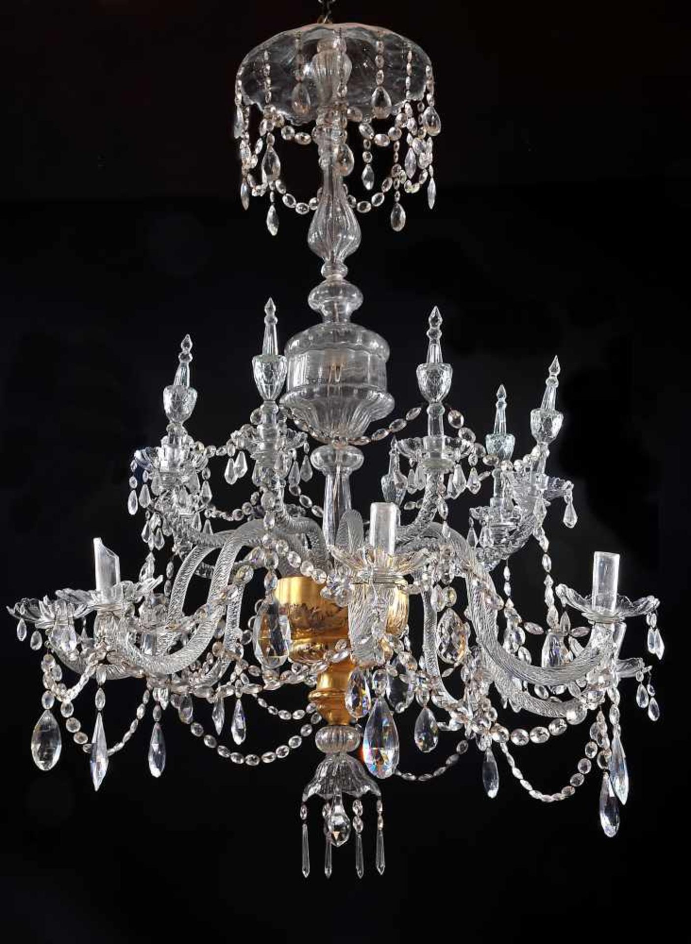 An Eight-light Chandelier, metal structure, glass pendants and urns, European, 19th C. (2nd half),