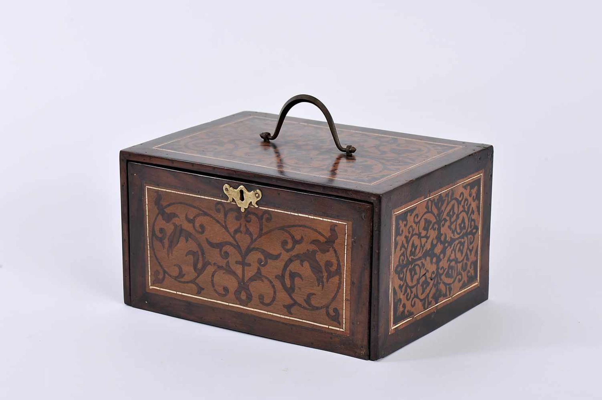 A Small Writing Cabinet, teak, partial coating and sissoo inlays, ivory fillets, Indo-Portuguese,