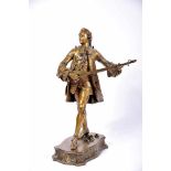 Musician dressed in the 18th century manner, patinated and gold bronze sculpture, base with engraved