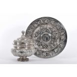 A Round Tureen and a Salver with raised centre, Baroque, silver, decoration en relief "Peacocks