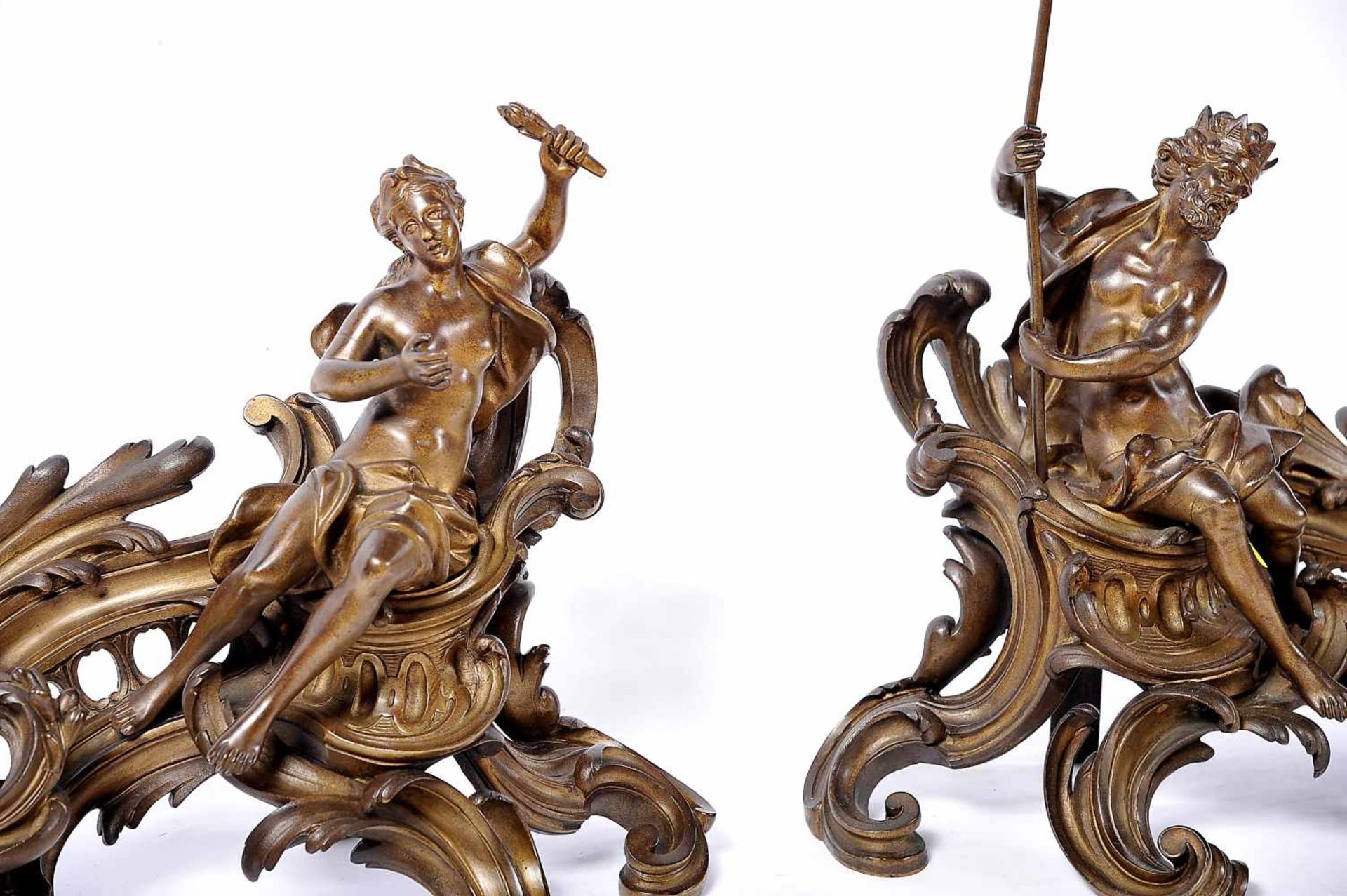 A Pair of Andirons - "Neptune" and "Amphitrite", Louis XV style, chiselled and gilt bronze en - Bild 2 aus 2