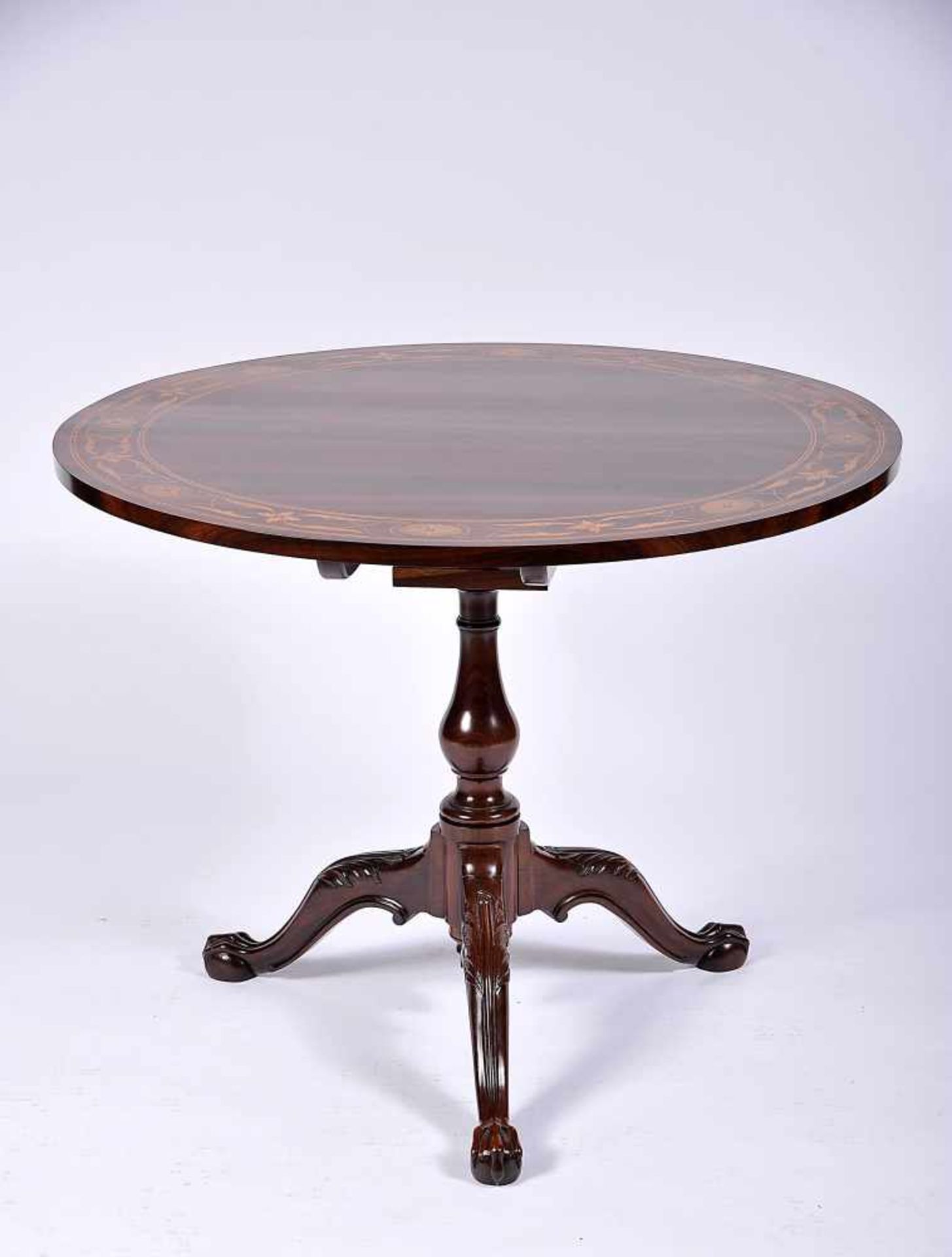 A Tripod Table, Brazilian rosewood, tilt-top with boxwood inlays, carved feet, Portuguese, purged,