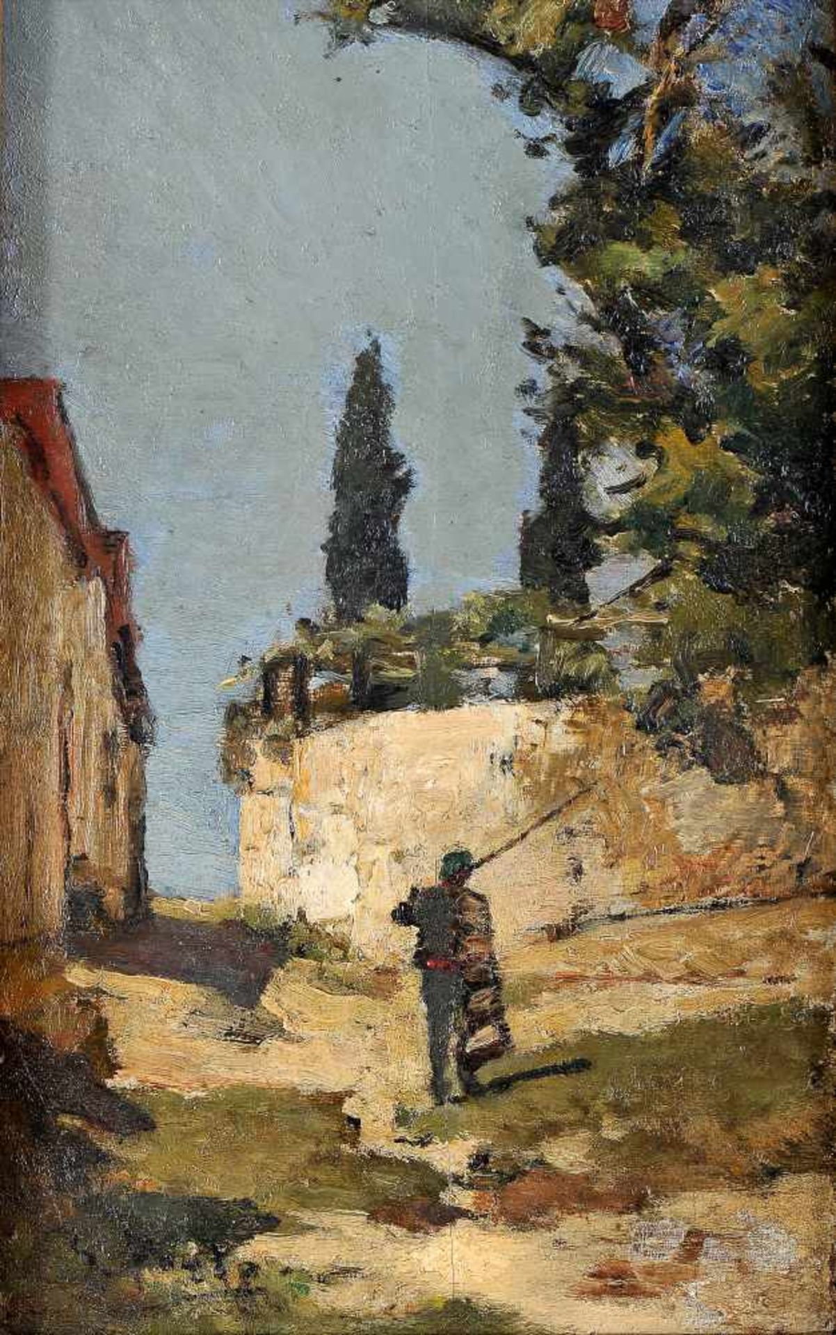 SILVA PORTO - 1850-1893, Village view with figure, oil on wood, restoration, defect on the - Bild 2 aus 3