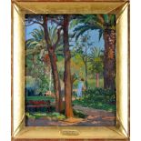 CARLOS BONVALOT - 1894-1934, Landscape with lady and palm trees, oil on cardboard, unsigned,