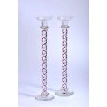 A Pair of Large Candlesticks, crystal, red and milky spiral stem, European, 19th/20th C., Dim. -
