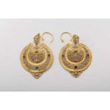 A Pair of Portuguese Filigree Earrings, 800/1000 gold, set with 4 rubis, 2 emeralds and 2