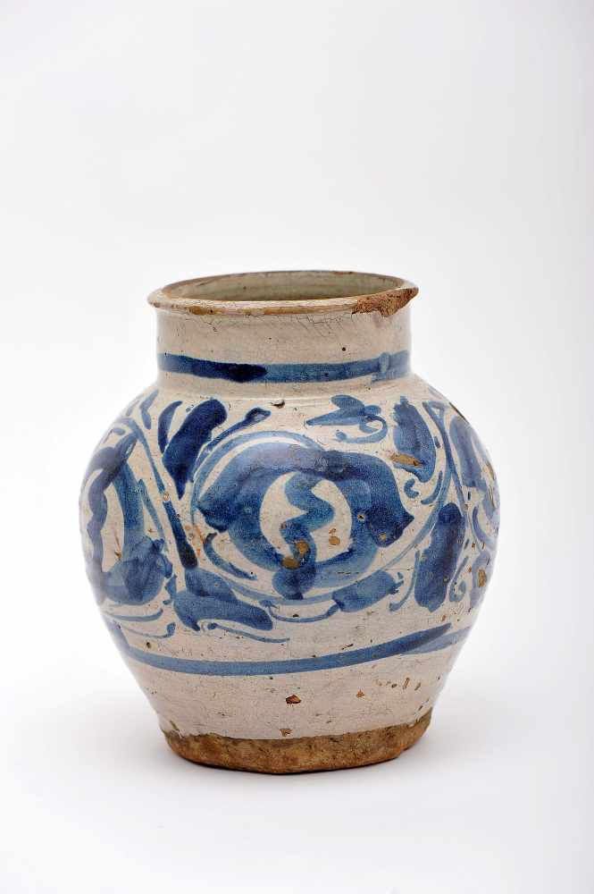 A Pot, faience, blue decoration, Spanish, 17th C., faults on both rim and glaze. Notes: Ana de