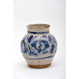 A Pot, faience, blue decoration, Spanish, 17th C., faults on both rim and glaze. Notes: Ana de