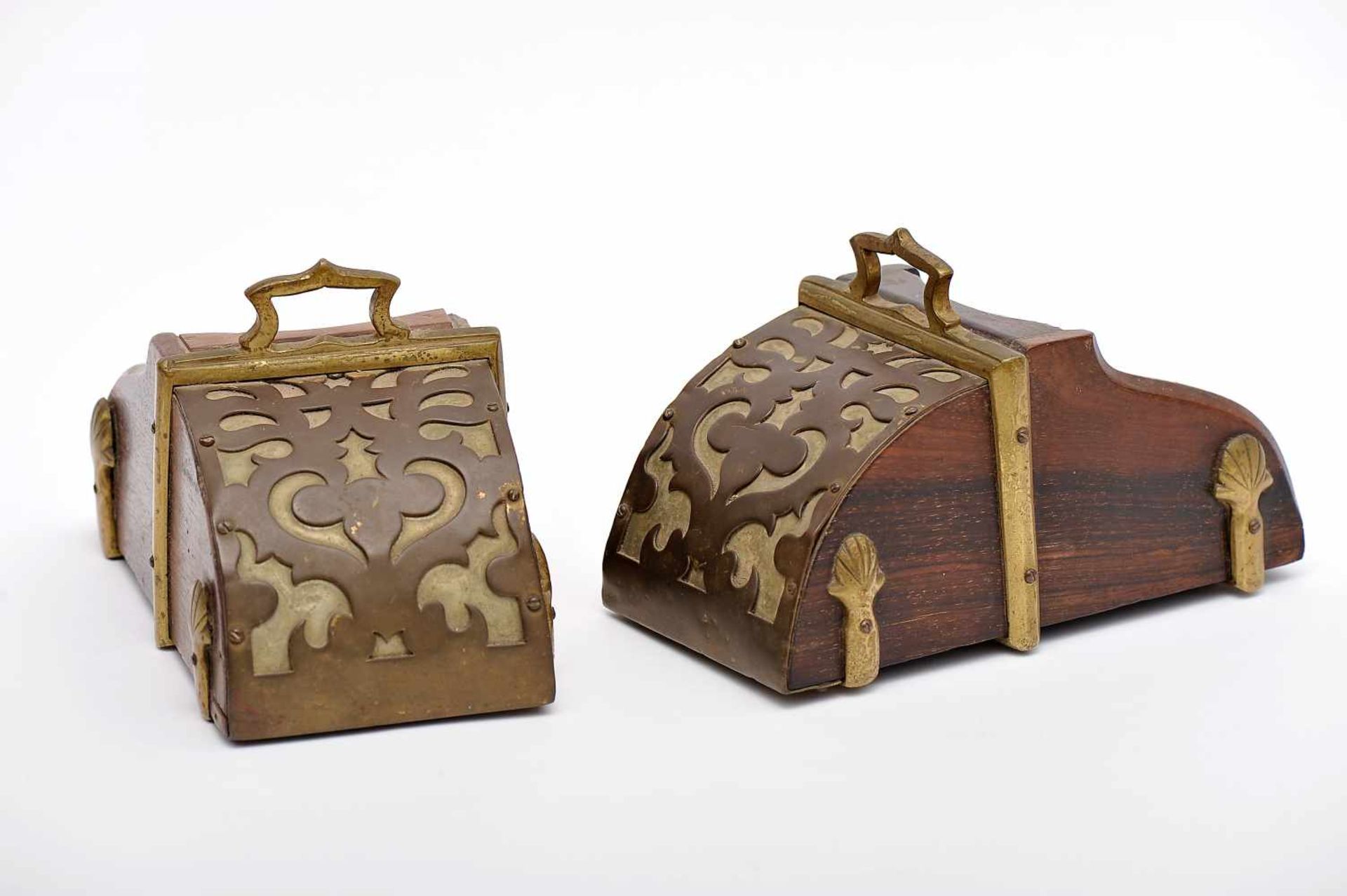 A Pair of Portuguese «Box» Stirrups, Brazilian rosewood, scalloped, pierced and partly gilt bronze
