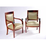 A Pair of Armchairs, Empire style, mahogany and burr-mahogany, arms with bronze sculptures mounts