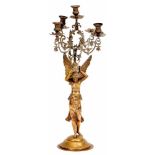 Victoria, gilt bronze sculpture, 19th C., late metal candlestick en relief, a candle support