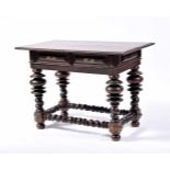 A Center Table, Brazilian rosewood, chestnut top, Brazilian rosewood frieze, turned legs and