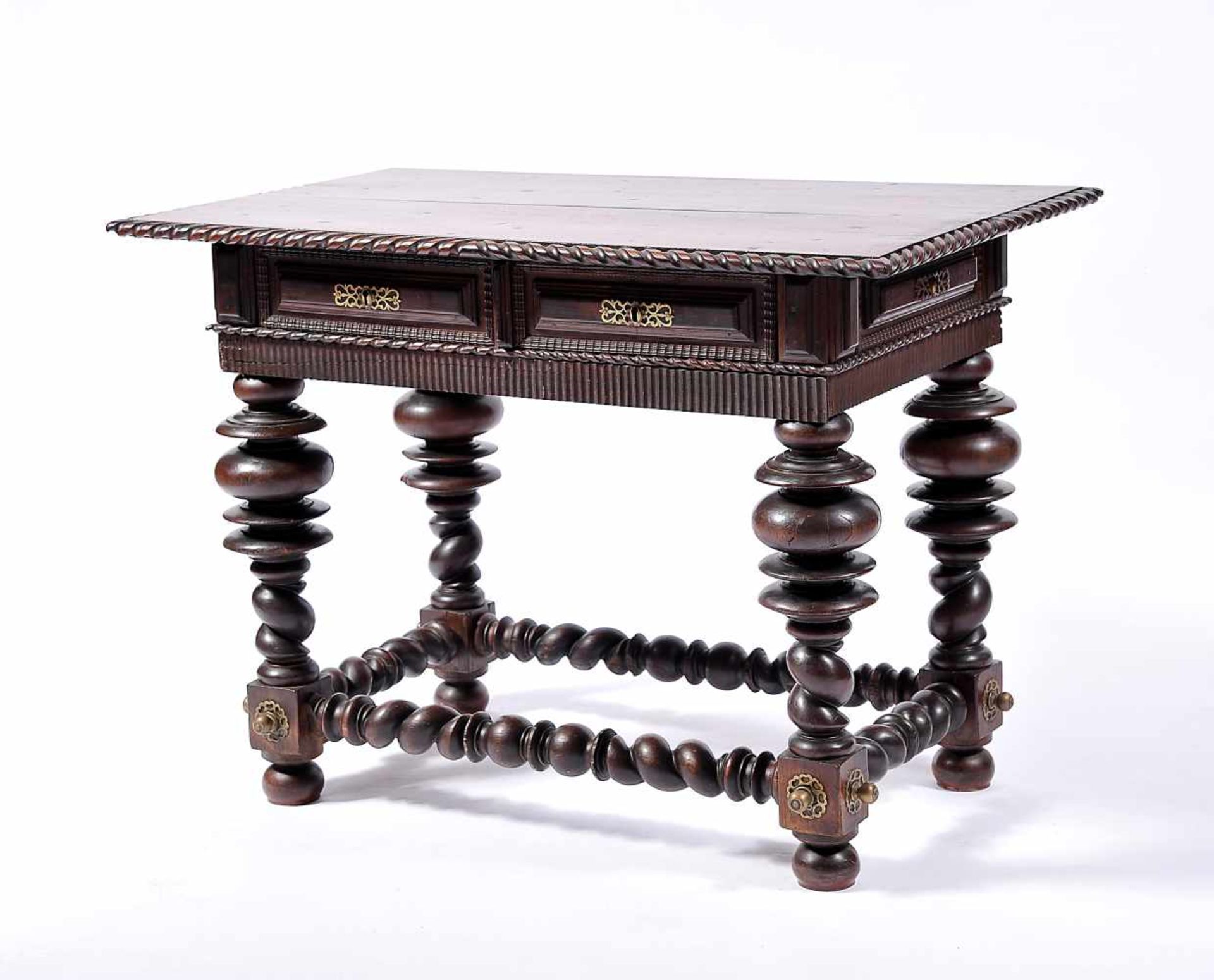 A Center Table, Brazilian rosewood, chestnut top, Brazilian rosewood frieze, turned legs and