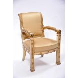 An Armchair, Empire style, carved and gilt beech, seat, back and armrests lined with cerise