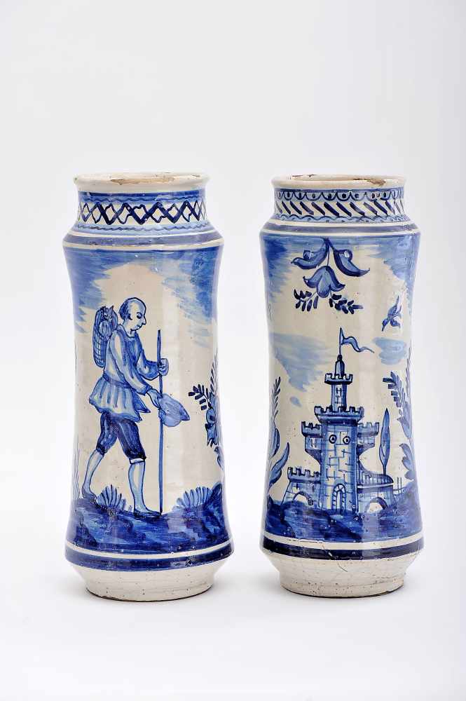 A Pair of Pharmacy Pots, faience, blue decoration "Landscape with walker" and "Landscape with - Image 2 of 2