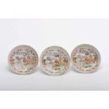 Three saucers, Chinese export porcelain, polychrome and gilt decoration "European figures in sea