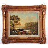 Landscape with animals and Ruins by the River, oil on wood, English School, 19th C., small