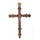 A Processional Cross, gothic, copper, scalloped and engraved decoration en relief "Crucified
