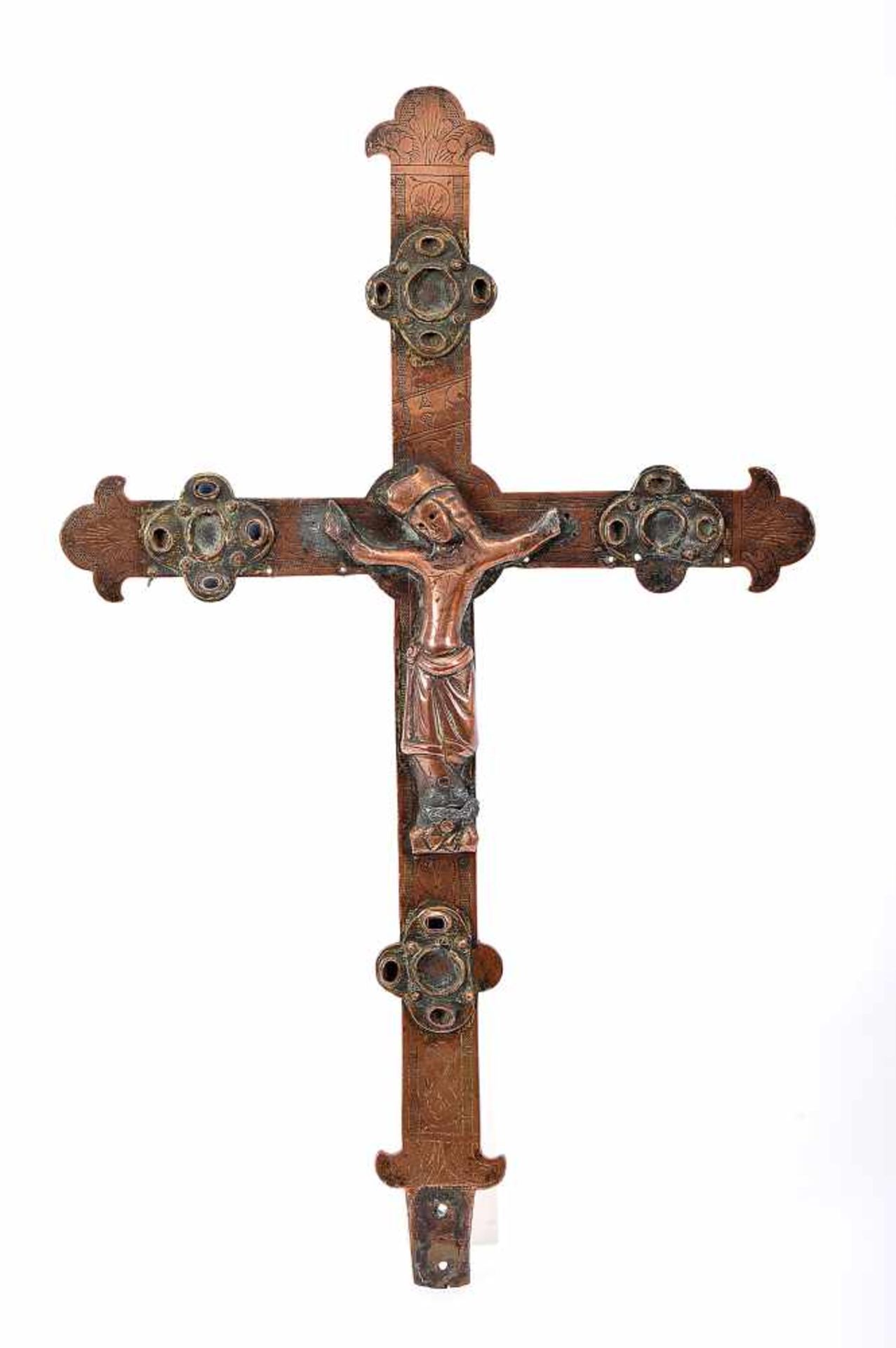 A Processional Cross, gothic, copper, scalloped and engraved decoration en relief "Crucified