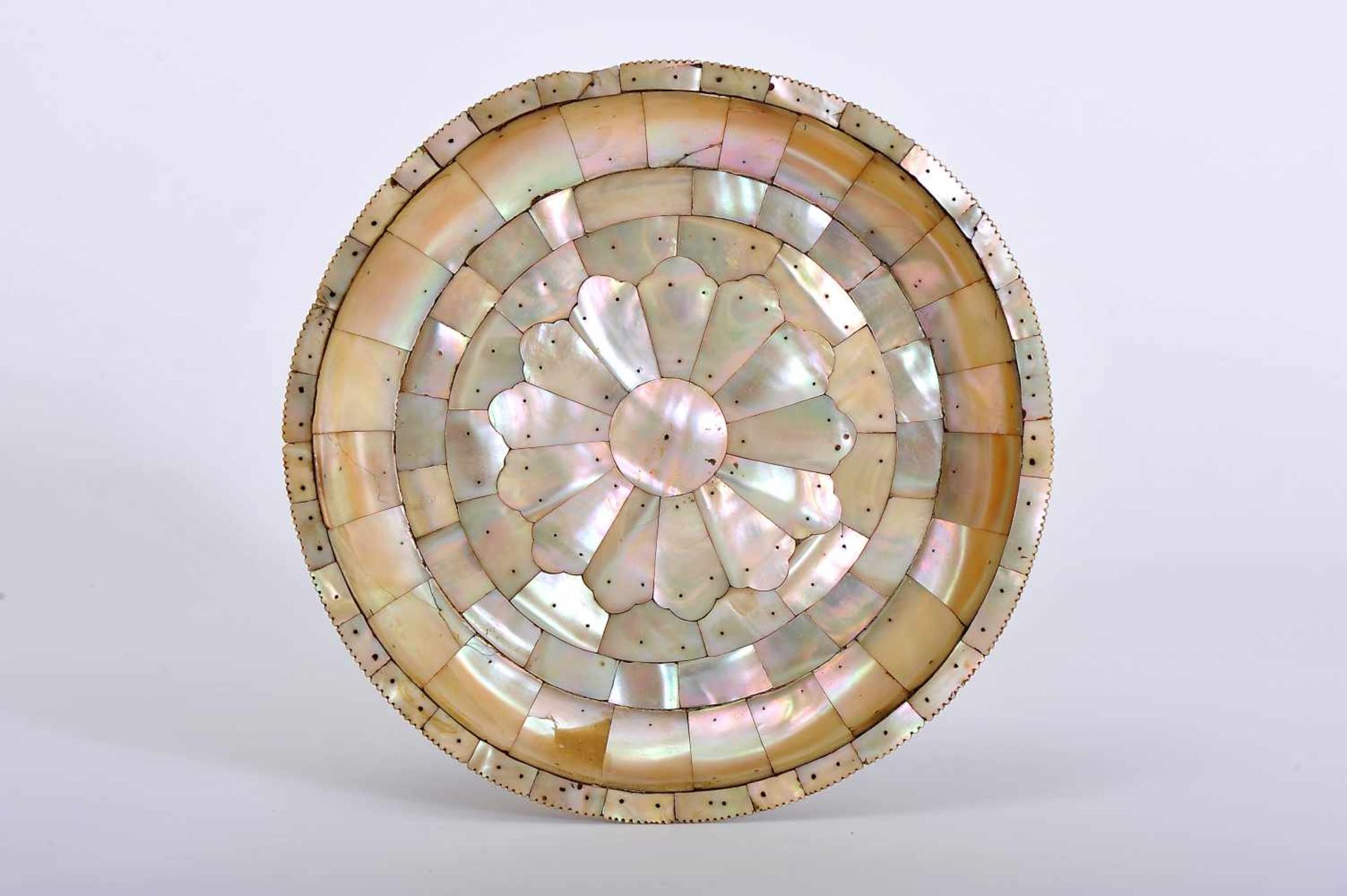 A Salver, mother of Pearl and mother of pearl marquetry "rosacea" with copper mounting and pins,