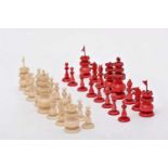 Chess pieces, carved ivory being one of the sets dyed red, India - Vizagapatam, 19th C., Dim. - (