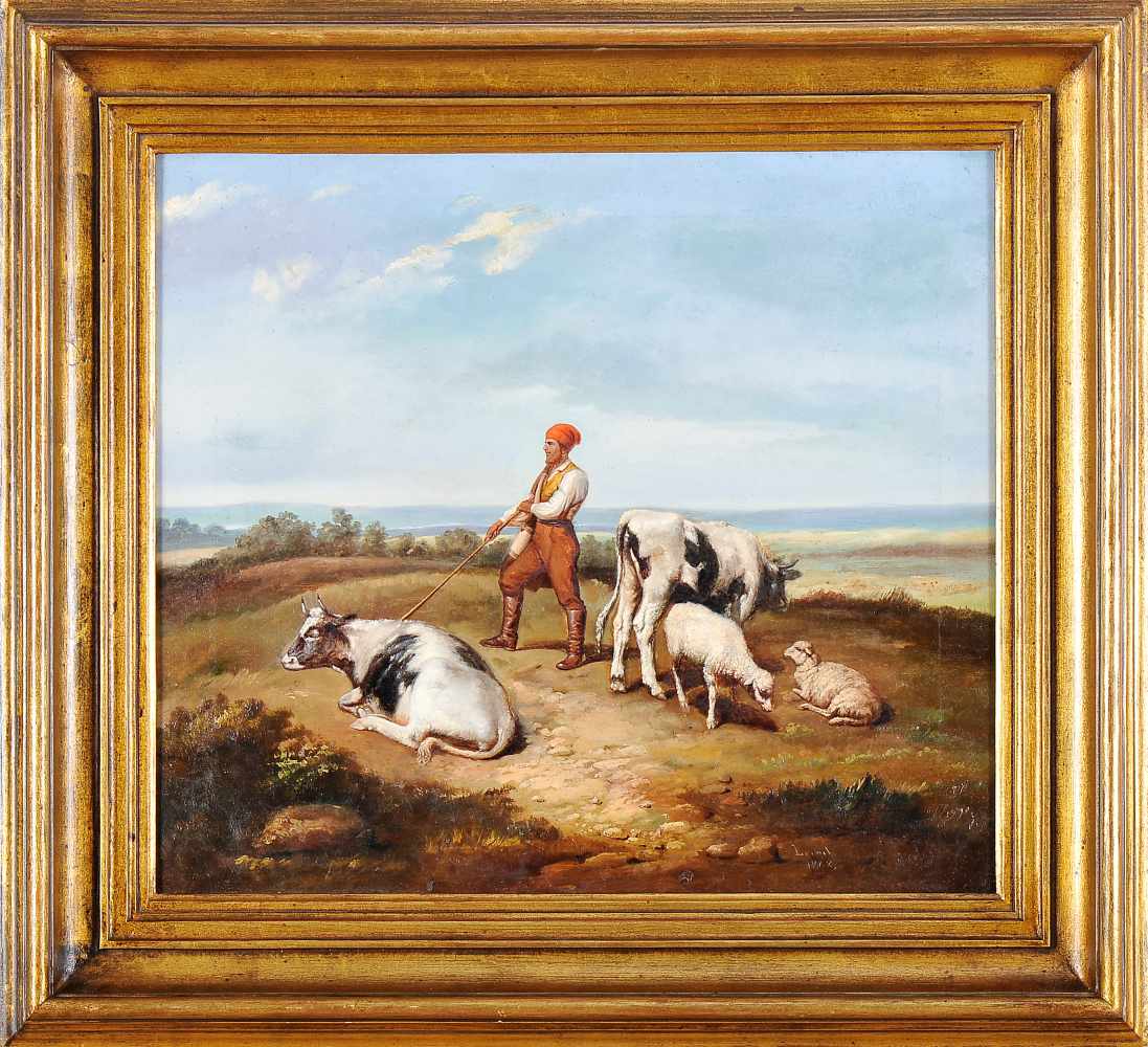 LEONEL MARQUES PEREIRA - 1828-1892, Landscape with Shepherd and Animals, oil on canvas, small