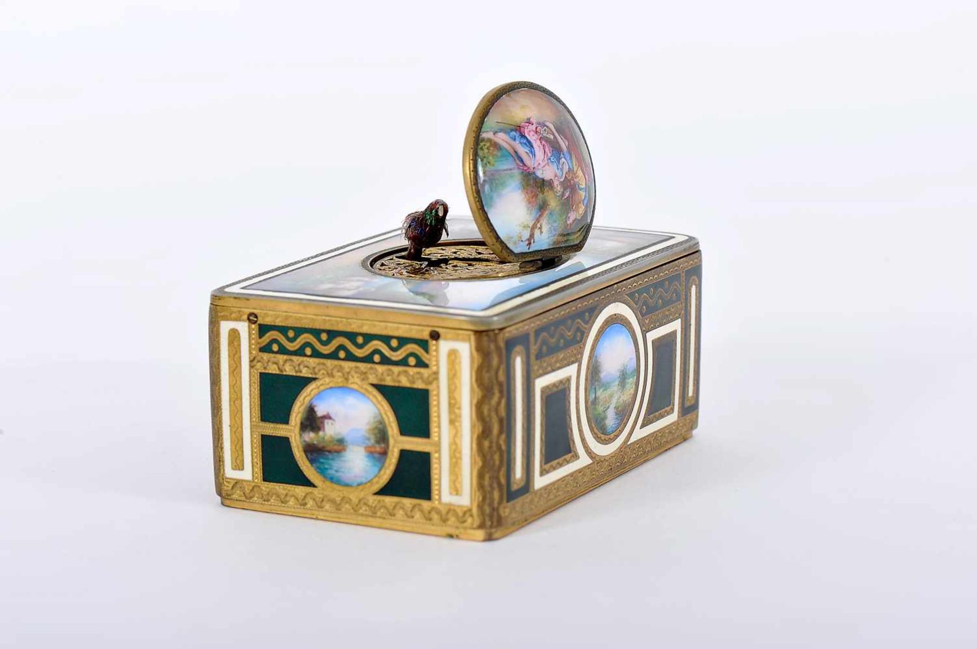 "Singing bird" Music Box, gilt and guilloche bronze, application of polychrome enamels "Gallant - Bild 2 aus 3