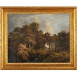 Landscape with house and figures, oil on canvas, European school, 19th C., relined, unidentified