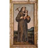 St. Anthony with the Child Jesus, oil on wood, Portuguese school, 18th C., small rstoration,