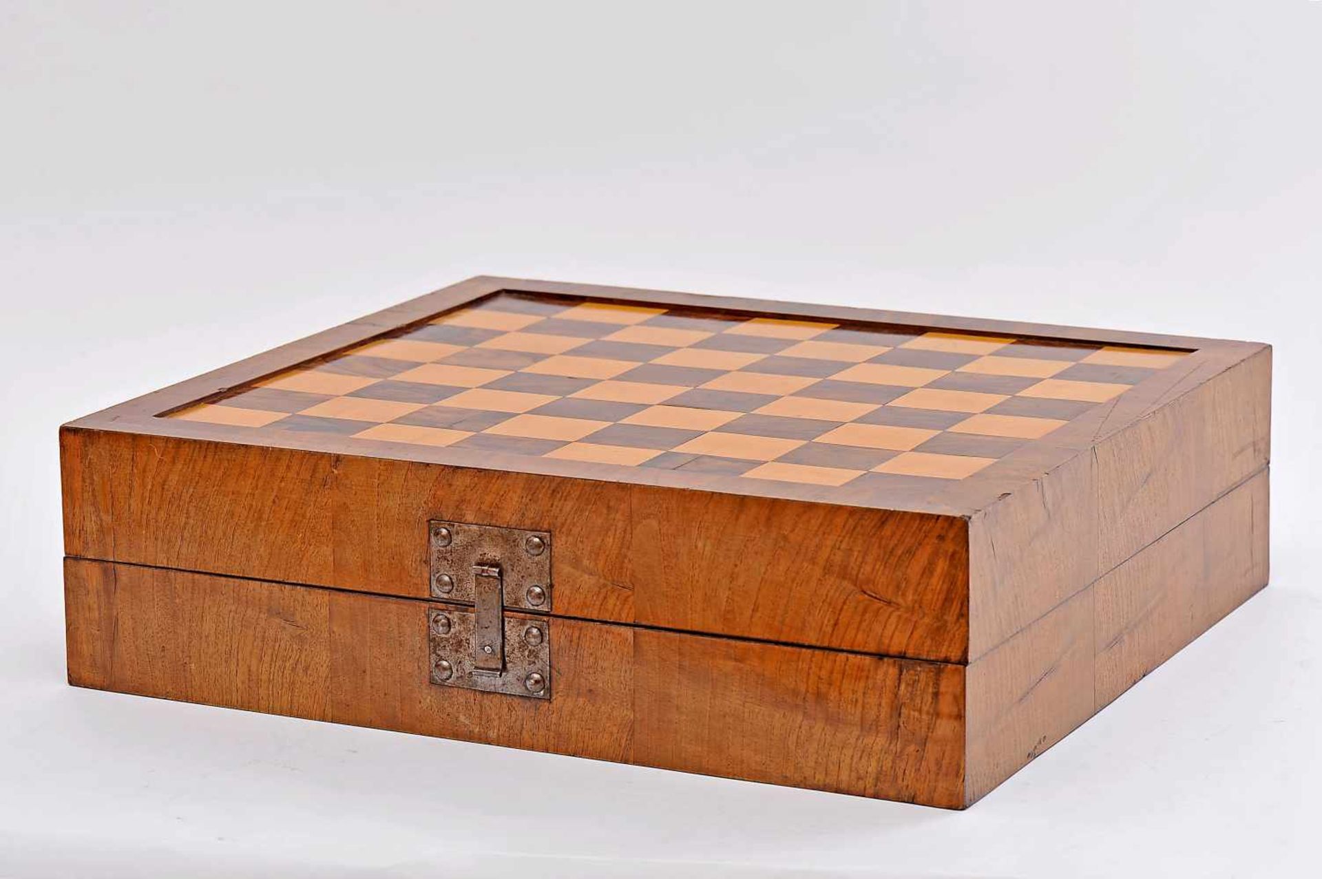 A Box of Chess, Backgammon and some other game, Baroque, wood lined with walnut marquetry, burr-