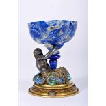 A Cup, Renaissance manner, carved lapis lazuli, chiselled and enamelled bronze base en relief "