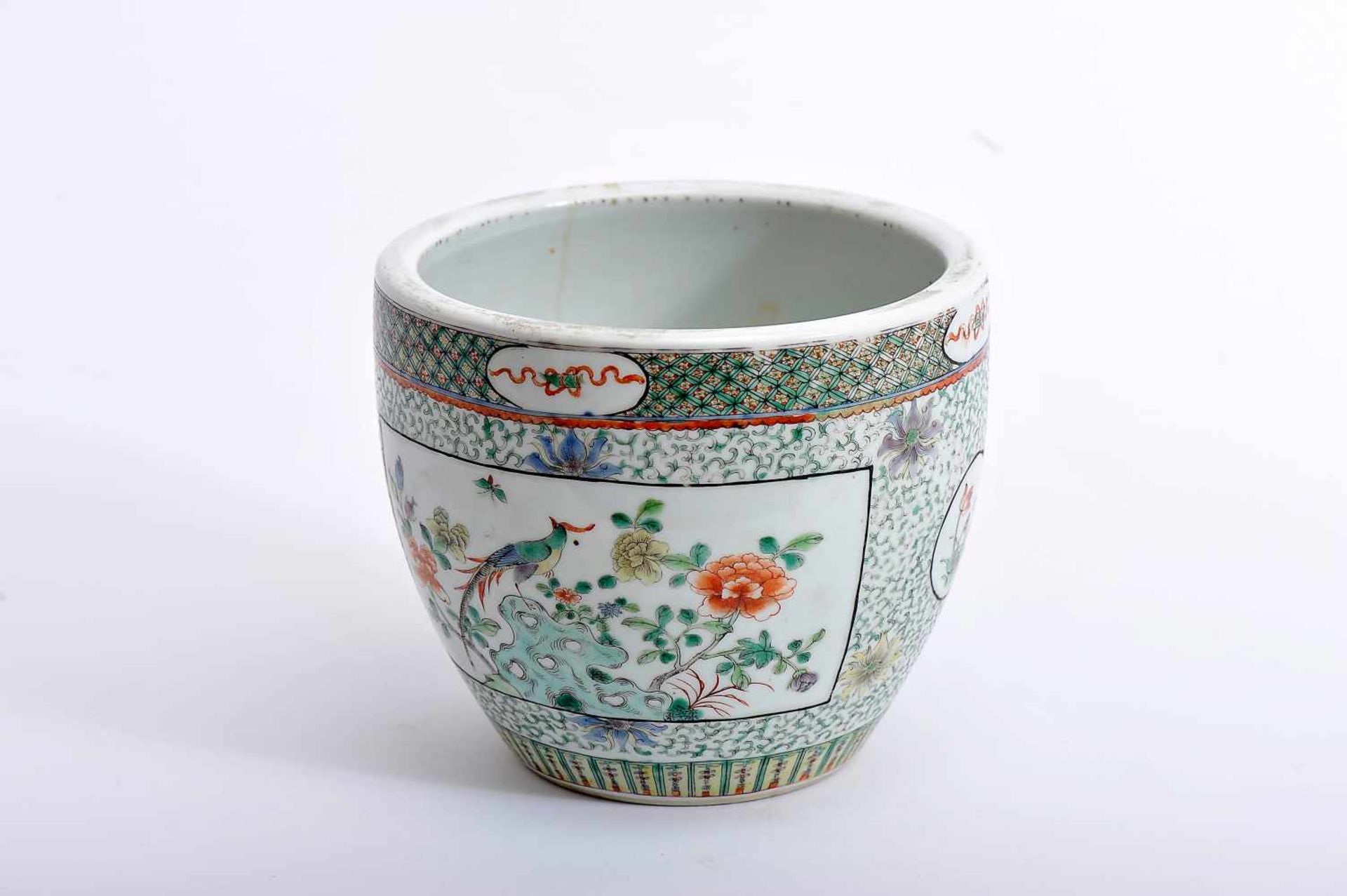 A Cachepot, Chinese porcelain, polychrome decoration "Birds and flowers" and "Fortune symbols", - Bild 2 aus 2