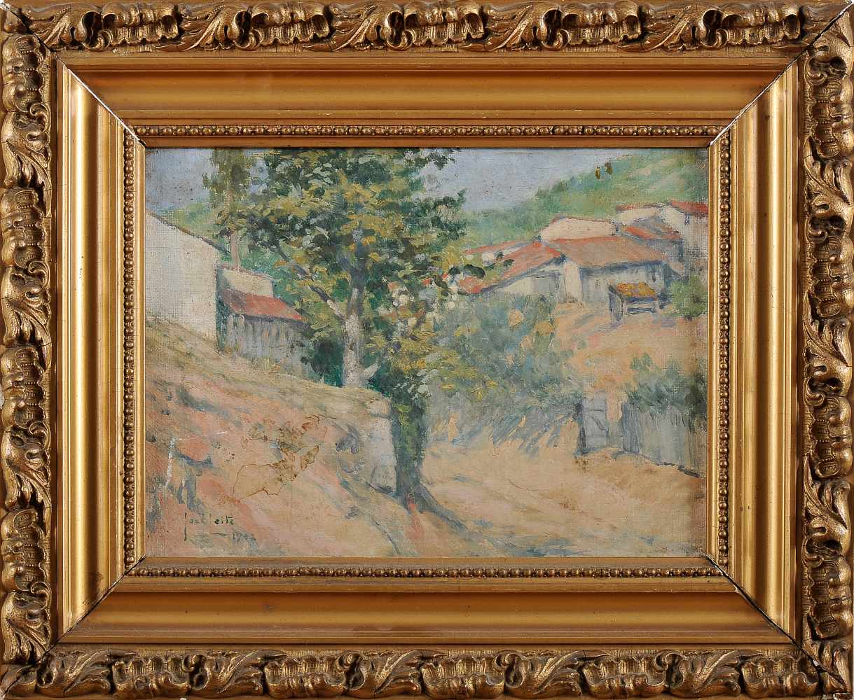 JOSÉ LEITE - 1873-1939, Landscape with Houses, oil on chipboard, small stains on the support, signed