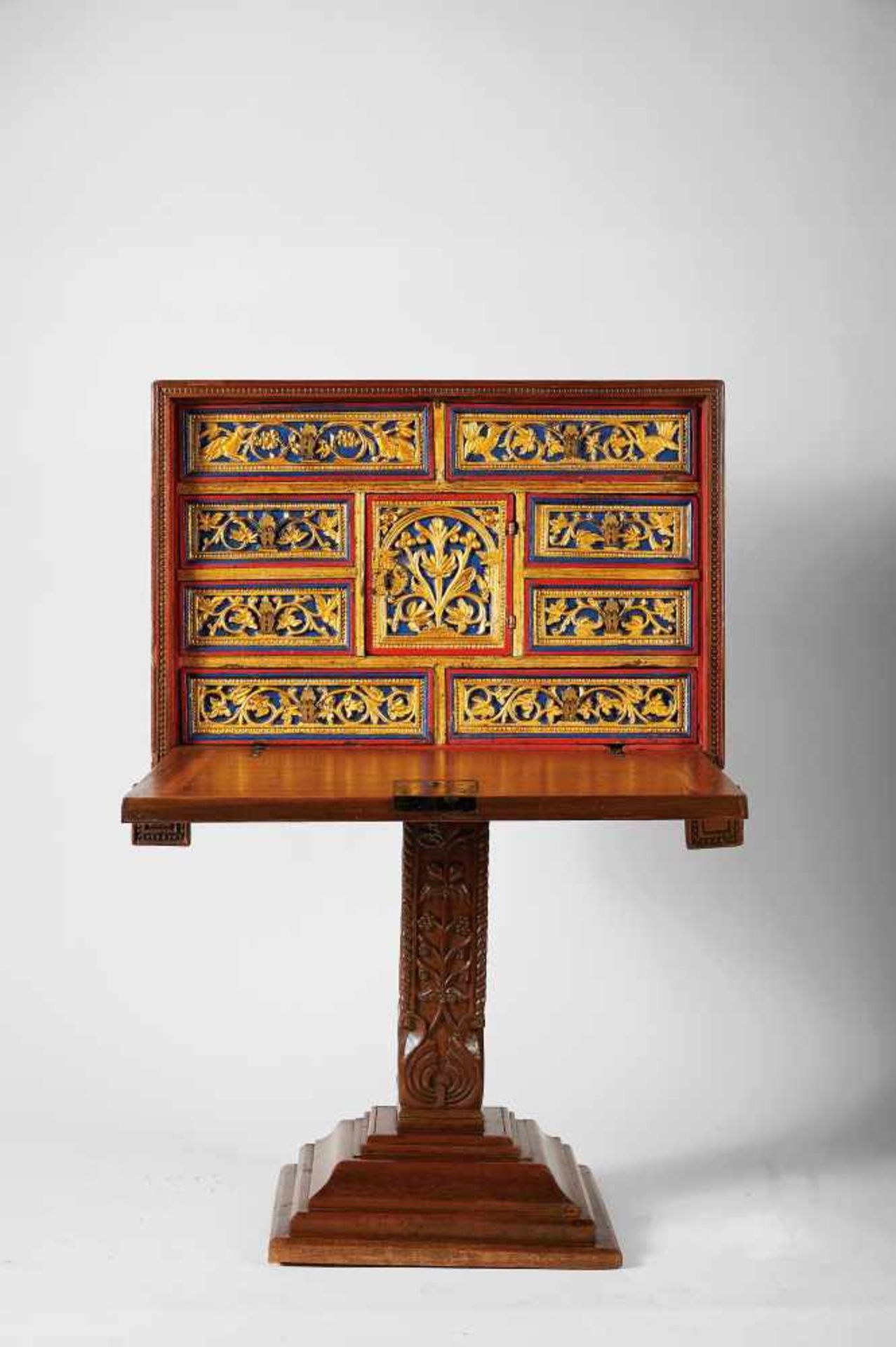 A writting cabinet on a single foot, Lusíada, carved teak decorated with foliate scrolls, - Bild 2 aus 2