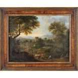 Landscape - Figures near a castle, oil on canvas, English School, 18th C., relined, small