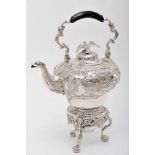 A Kettle with Burner, 833/1000 silver, "Flowers and Shell motifs", spout en relief "Bird head",
