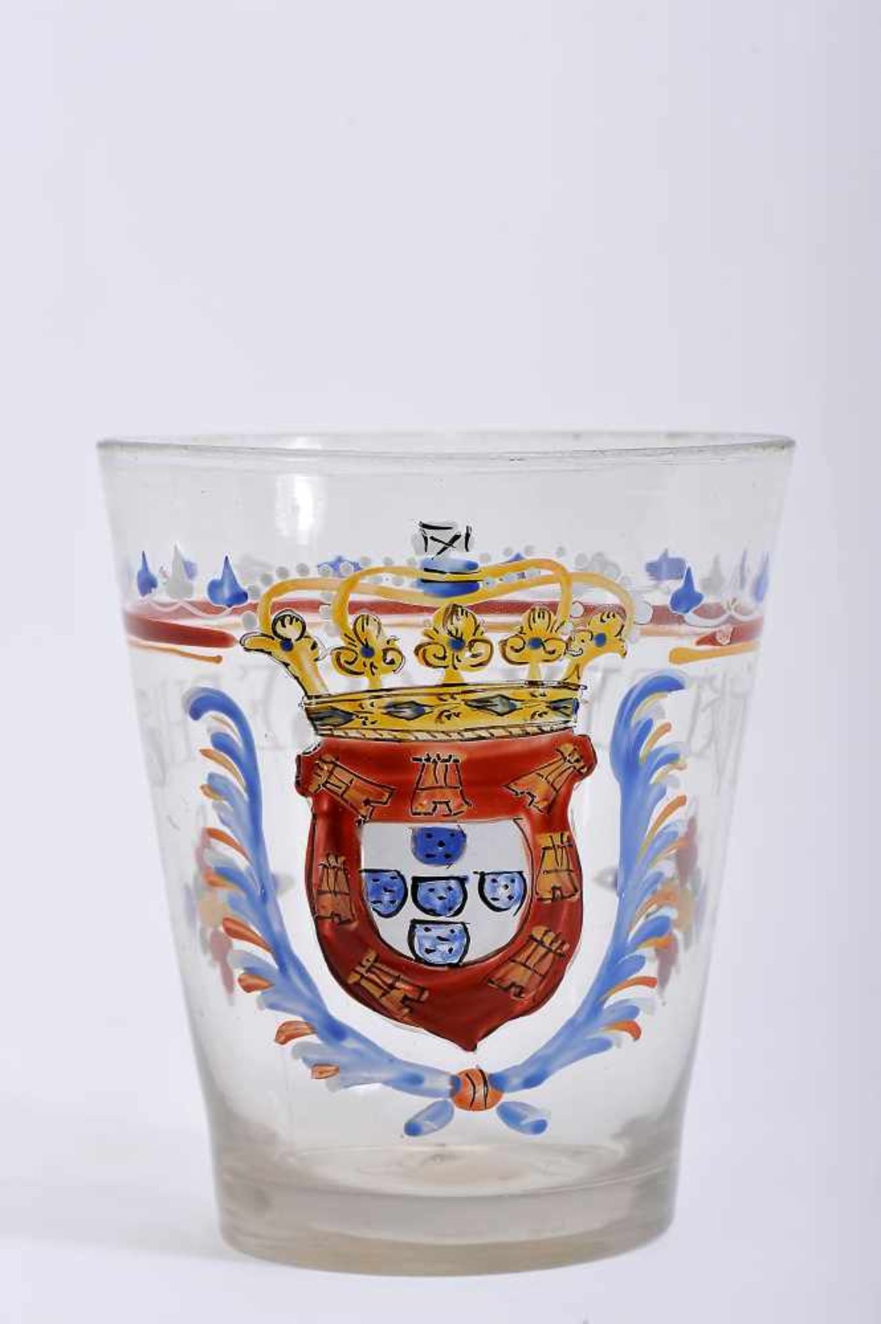 A Large Goblet, painted glass probably from the Royal Glass Factory of Marinha Grande, polychrome