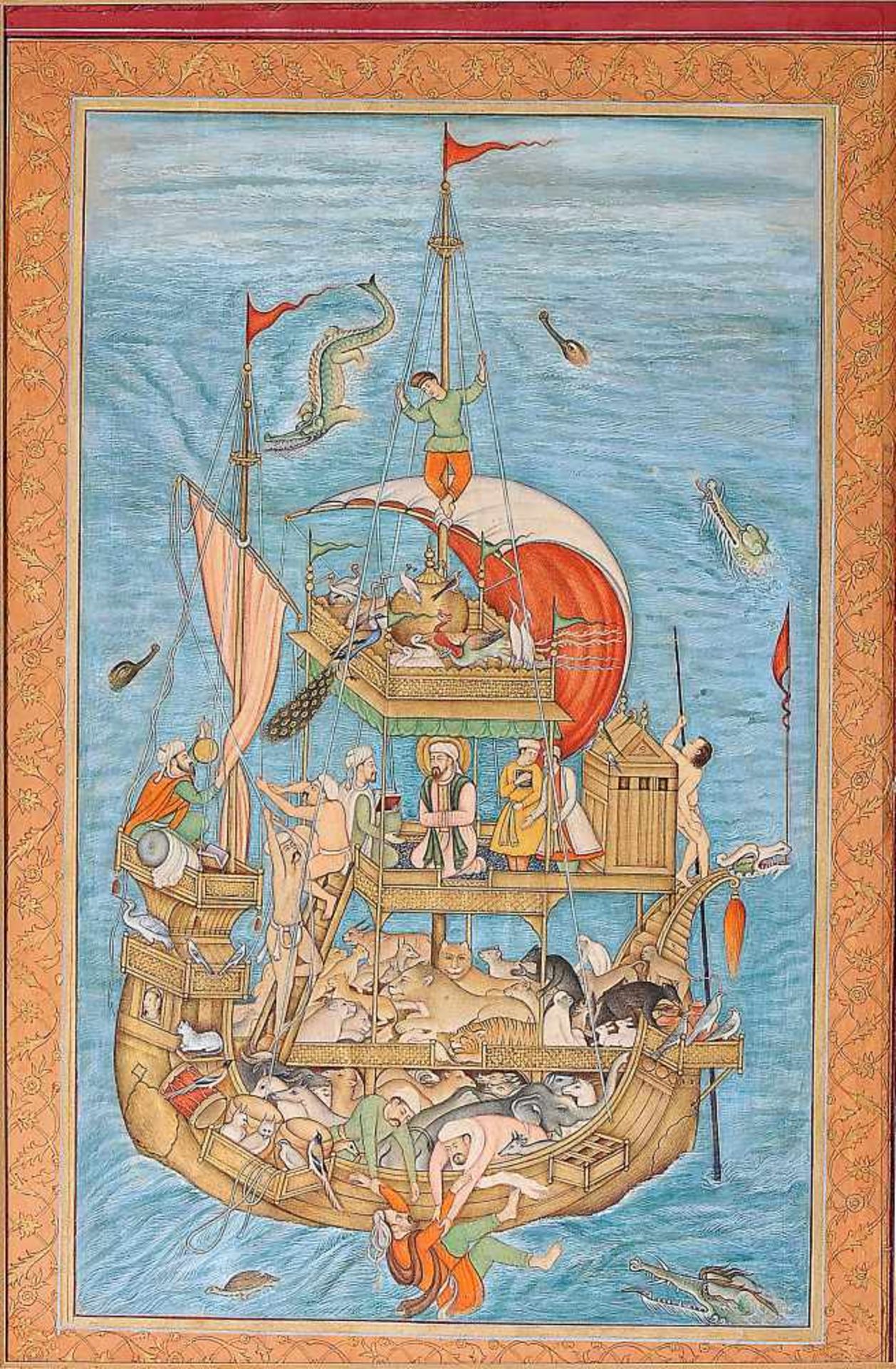 Noah's Ark, illumination on paper with gilding, back with handwritten inscriptions, Persian, 18th