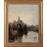 Landscapes - City views by the river, a pair of oils on canvas, French school, relined, small