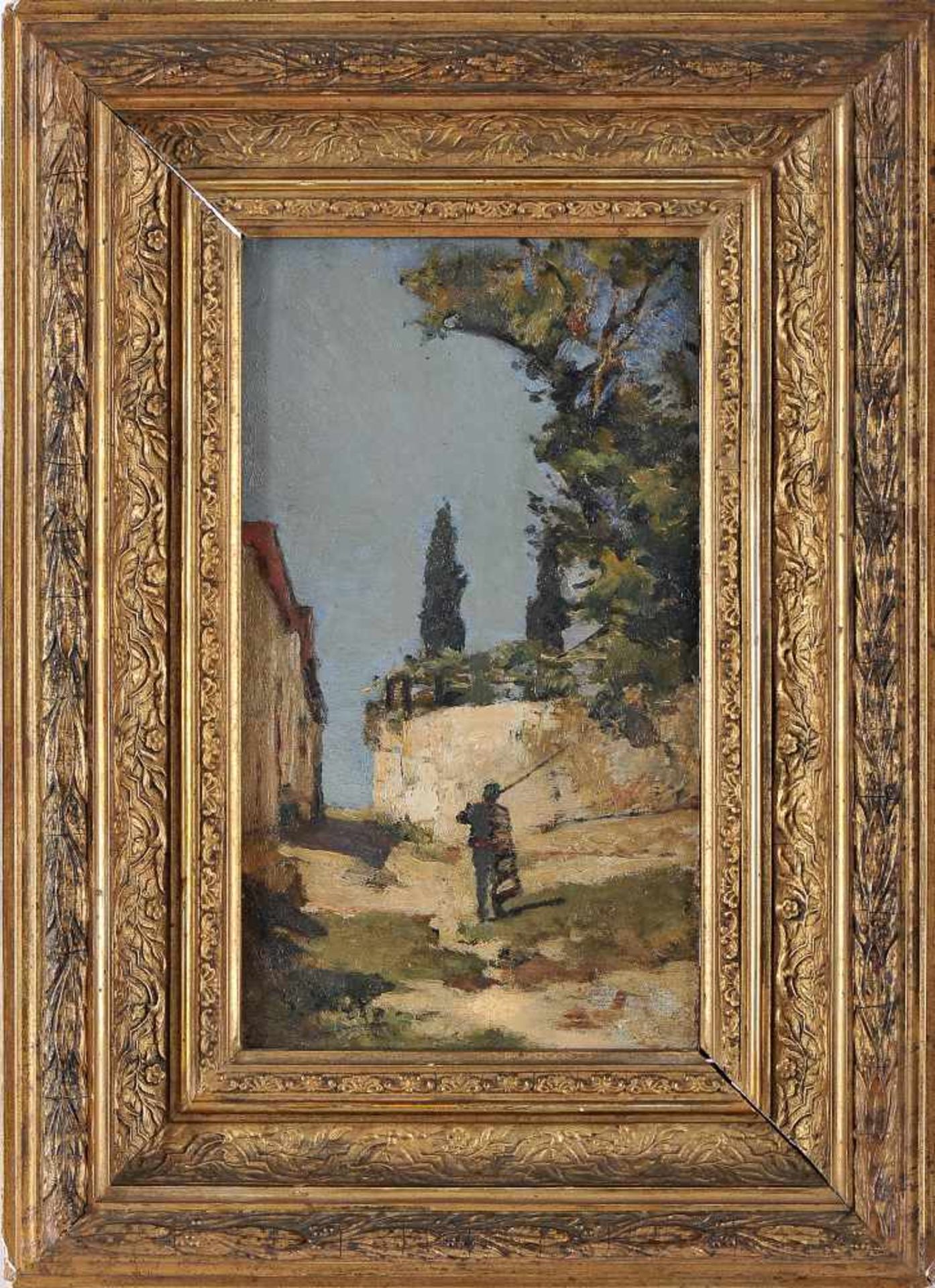 SILVA PORTO - 1850-1893, Village view with figure, oil on wood, restoration, defect on the