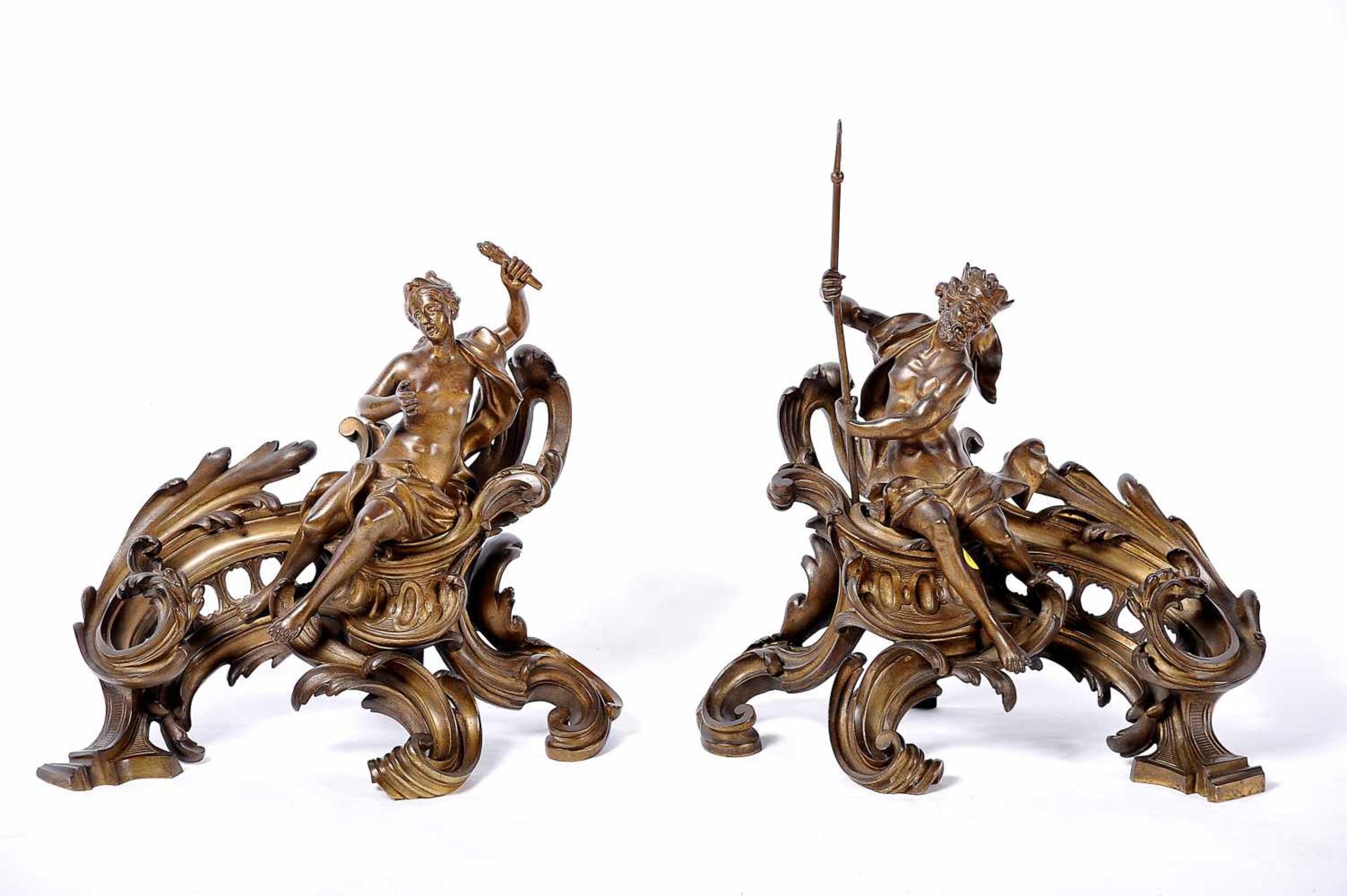 A Pair of Andirons - "Neptune" and "Amphitrite", Louis XV style, chiselled and gilt bronze en