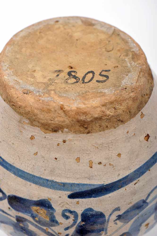 A Pot, faience, blue decoration, Spanish, 17th C., faults on both rim and glaze. Notes: Ana de - Image 2 of 2