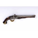 A Flintlock Pistol, wood, iron and brass, associated military barrel, English, 19th C., minor faults