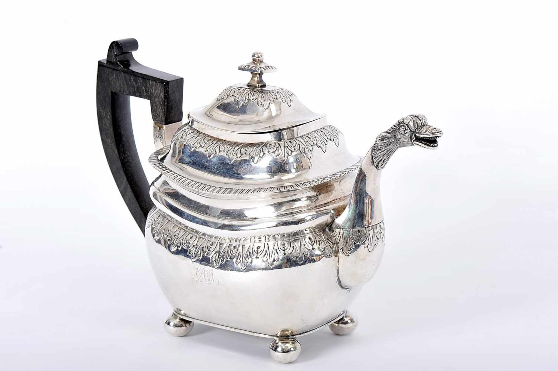 A Teapot, 833/1000 silver, engraved and relief decoration «bird spout», engraved LAM monogram,