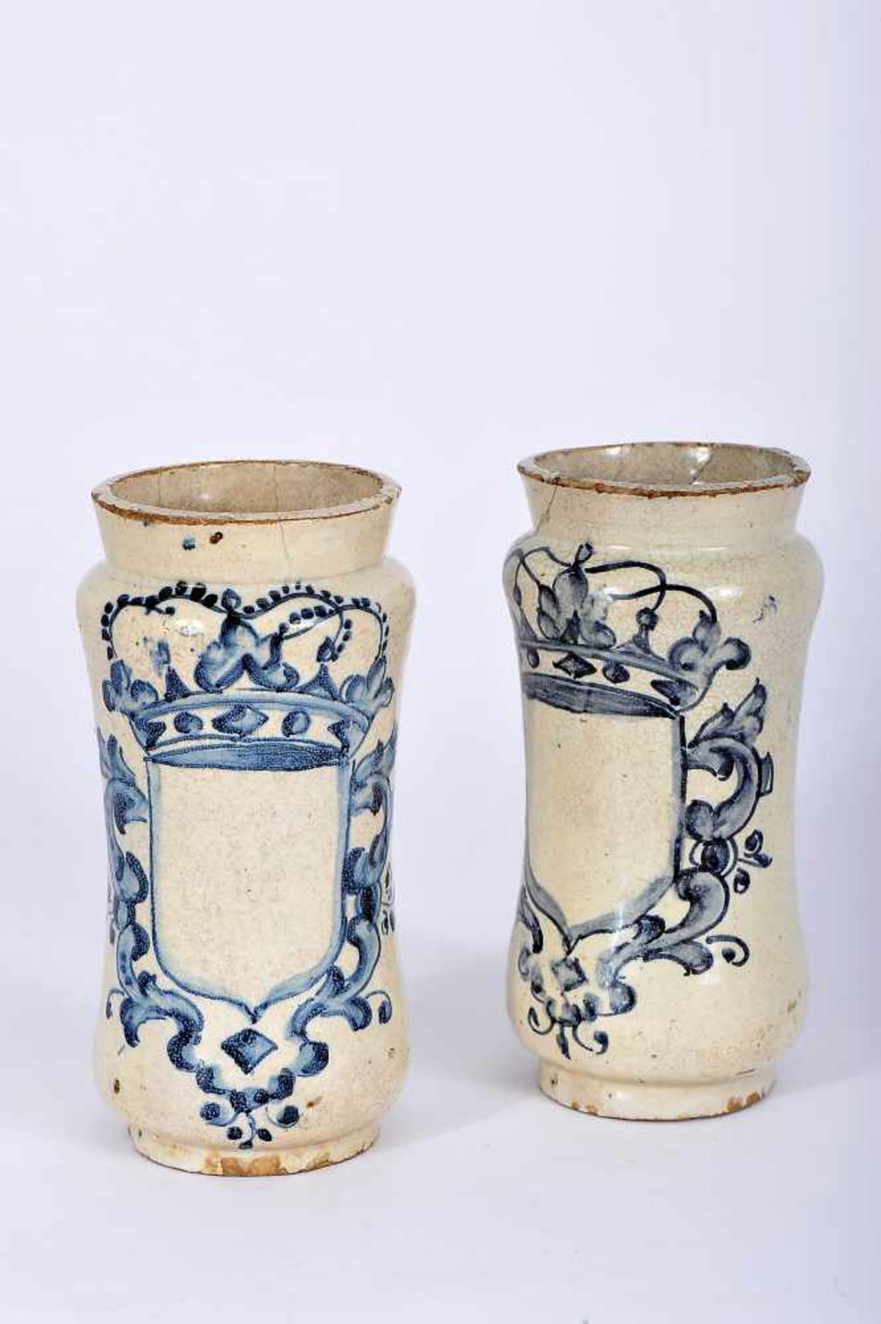 A Pair of Pharmacy Pots, faience, blue decoration "shields topped by royal crown", Portuguese,