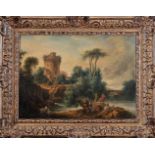 Figures by a river with bridge and castle tower, oil on canvas, French school, 19th C., small