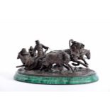A Troika - three figures on a sleigh drawn by three horses, patinated bronze set of sculptures, base
